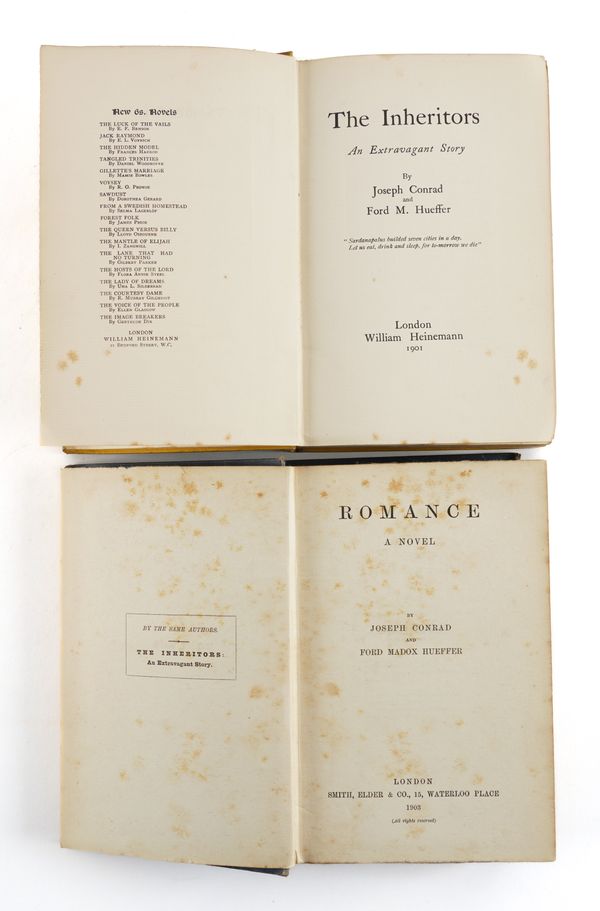 CONRAD, Joseph (1857-1924) & Ford M. HUEFFER (1873-1939). The Inheritors. London, 1901, 8vo, original yellow pictorial cloth (some light staining). FIRST EDITION. With the same authors' Romance (London, 1903, 8vo, original blue cloth, FIRST EDITION). (2)