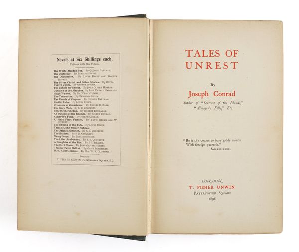 CONRAD, Joseph (1857-1924). Tales of Unrest, London, 1898, 8vo, title printed in red and black, original green cloth gilt. FIRST EDITION of this collection of five short stories, FIRST ISSUE.