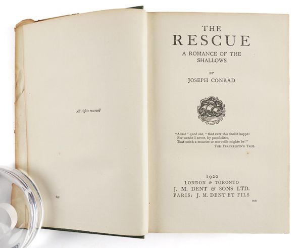 CONRAD, Joseph (1857-1924). The Rescue, London, 1920, 8vo, original blue cloth, dust-jacket (frayed with slight loss, the backstrip darkened). FIRST ENGLISH PUBLISHED EDITION. Please see the note below.