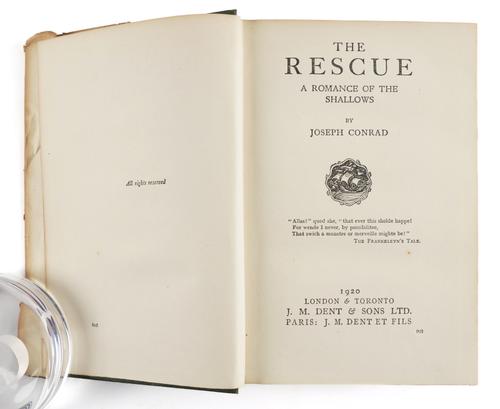 CONRAD, Joseph (1857-1924). The Rescue, London, 1920, 8vo, original cloth, dust-jacket (frayed). FIRST ENGLISH PUBLISHED EDITION. With The Mirror and the Sea (London, 1906, cloth, FIRST EDITION) and 2 photographs of Conrad in an album. (3)