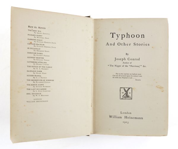 CONRAD, Joseph (1857-1924). Typhoon and Other Stories, London, 1903, 8vo, (some spotting), original grey cloth gilt, uncut (a few scuff marks, edges rubbed). FIRST EDITION of this collection of four short stories.