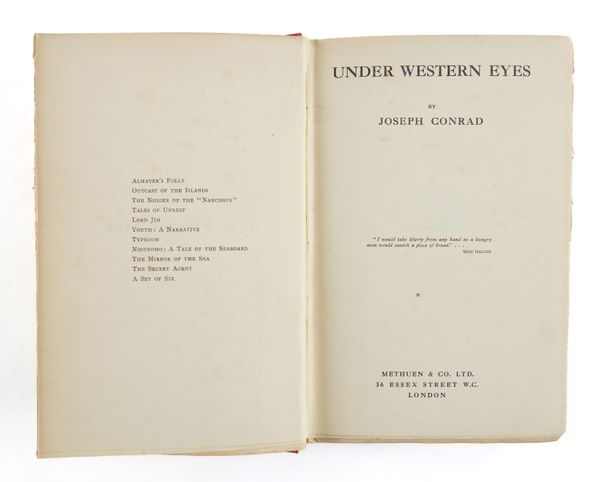 CONRAD, Joseph (1857-1924). Under Western Eyes, London, 1911, 8vo, half title, 32-pages of publisher's advertisements at the end dated August 1911, original red cloth gilt, uncut. FIRST EDITION.