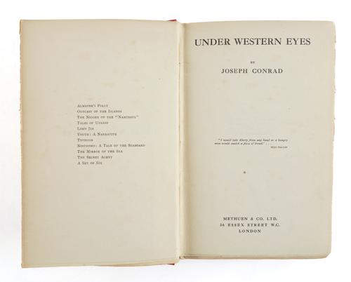 CONRAD, Joseph (1857-1924). Under Western Eyes, London, 1911, 8vo, half title, 32-pages of publisher's advertisements at the end dated August 1911, original red cloth gilt, uncut. FIRST EDITION.