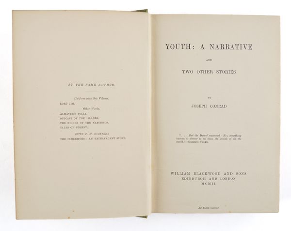 CONRAD, Joseph (1857-1924). Youth, London, 1902, 8vo, original cloth gilt (spine darkened and spotted). FIRST EDITION of this collection of three stories which includes "Heart of Darkness", arguably the author's best-known work.