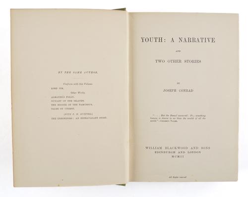 CONRAD, Joseph (1857-1924). Youth, London, 1902, 8vo, original cloth gilt (spine darkened and spotted). FIRST EDITION of this collection of three stories which includes "Heart of Darkness", arguably the author's best-known work.