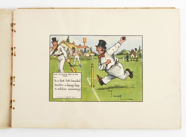 CRICKET - Charles CROMBIE (1880-1967). Laws of Cricket, London, [1907], oblong 4to, 12 coloured plates by Charles Crombie (plates detached). original pictorial boards by Crombie (stained, detached). FIRST AND ONLY EDITION. RARE in the original boards.