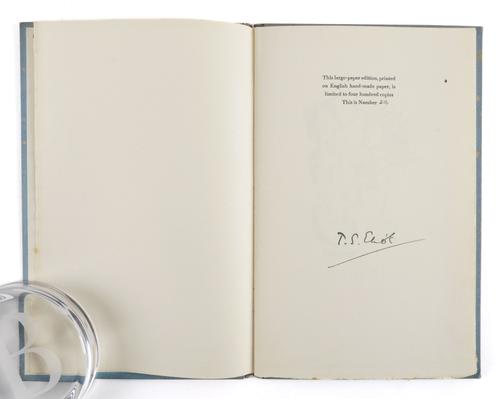 ELIOT, T. S. (1888-1965). Marina, London, 1930, 8vo, 2 illustrations by E. McKnight Kauffer, original boards. FIRST EDITION, NUMBER 216 OF 400 "LARGE PAPER" COPIES SIGNED BY THE AUTHOR. With 5 other books, including 2 duplicates, by the same author. (6)