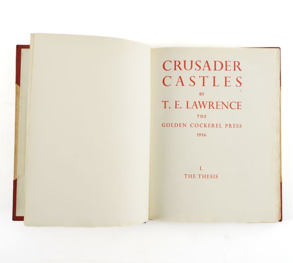 GOLDEN COCKEREL PRESS - T. E. Lawrence (1888-1935). Crusader Castles, London, 1936, 2 volumes, 4to, illustrations, 2 folding maps contained in envelope, original half morocco gilt by Sangorski & Sutcliffe. FIRST EDITION. NUMBER 135 OF 1,000 COPIES. (2)