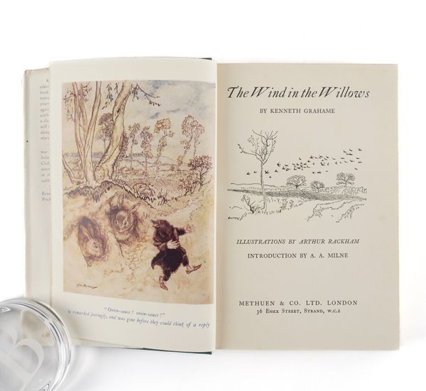 GRAHAME, Kenneth (1859-1932). The Wind in the Willows, London, 1950, large 8vo, 12 coloured plates by Arthur Rackham, illustrations, original green cloth gilt, dust-jacket (frayed at edges). FIRST U.K. RACKHAM TRADE EDITION.