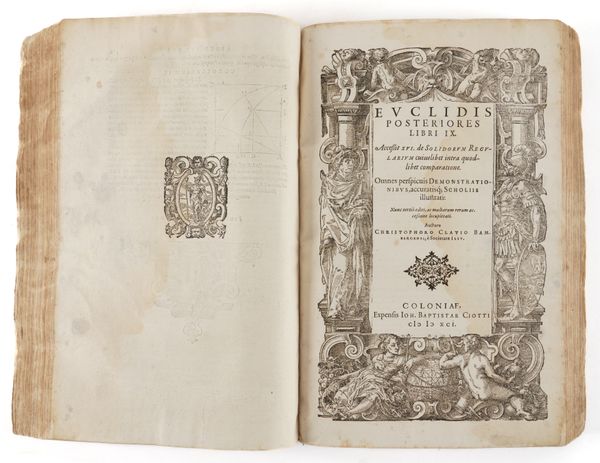 EUCLID (fl. 300 BC) & Christopher CLAVIUS (1538-1612). Euclidis elementorum libri XV, Cologne, 1591, 2 volumes bound in one, folio, 2 titles within elaborate woodcut borders, woodcut diagrams (some browning and staining), contemporary limp vellum.