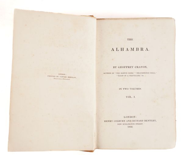 [IRVING, Washington (1783-1859)]. The Alhambra, London, 1832, 2 volumes, large 8vo, contemporary calf-backed blue paper boards. FIRST ENGLISH EDITION. With 4 other works by the same author in 6 vols. (8)