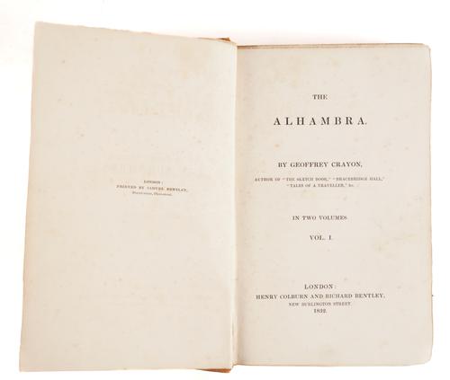 [IRVING, Washington (1783-1859)]. The Alhambra, London, 1832, 2 volumes, large 8vo, contemporary calf-backed blue paper boards. FIRST ENGLISH EDITION. With 4 other works by the same author in 6 vols. (8)