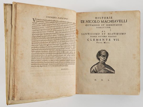 MACHIAVELLI, Nicolò (1469-1527). Tutte le Opere ... Divisi in V. Parti, [?Geneva: no publisher but ?Pietro Aubert], 1550 [but c.1635]. 5 parts bound in one, 4to, woodcut portraits, double-page illustration (variable staining), contemporary vellum.