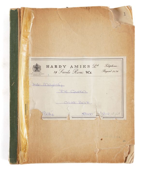 QUEEN ELIZABETH II (1926-2022) - "Hardy Amies Ltd. Her Majesty the Queen. Order Book", 4to, 1962-68, 95-pages with carbon copy orders, including descriptions, prices, and sometimes the occasions on which the clothes were to be worn, original wrappers.