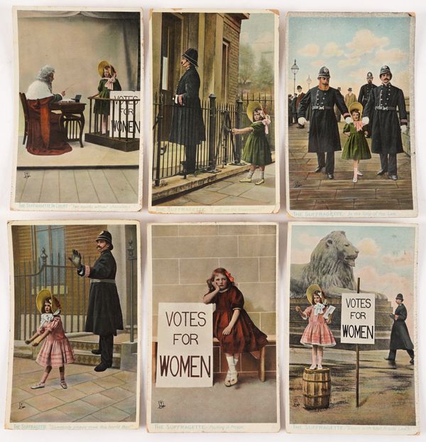 SUFFRAGETTES - Helen BLACKBURN (1842-1903). Women's Suffrage, London, 1902, 8vo, plates and tables, original buckram. FIRST EDITION. With another related (defective) book, a collection of 15 SUFFRAGETTE POSTCARDS, and a related badge. (18)