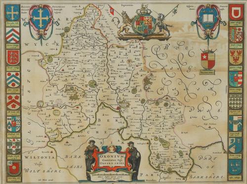 BLAEU, Johannes (1596-1673). Oxonium comitatus, Vulgo Oxford Shire, [Amsterdam, c.1645], hand-coloured engraved map of Oxfordshire, coats of arms including 16 college coats-of-arms in side borders, 380 x 500mm., framed and glazed.