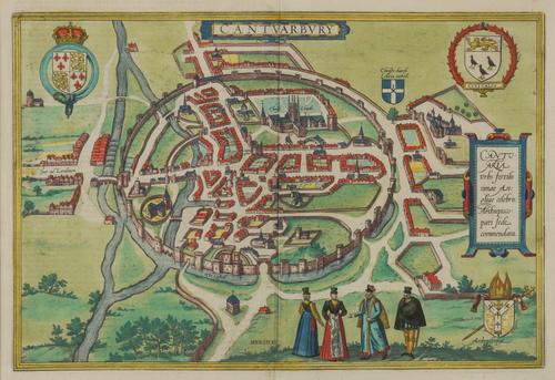 CANTERBURY - Georg BRAUN (1541-1622) & Franz HOGENBERG (1536-88). Cantuarbury. Cantuaria urbs fertilissimae Angliae celebris, [Cologne: c.1588], hand-coloured engraved bird's-eye-view of Canterbury, 290 x 430mm., framed and glazed.