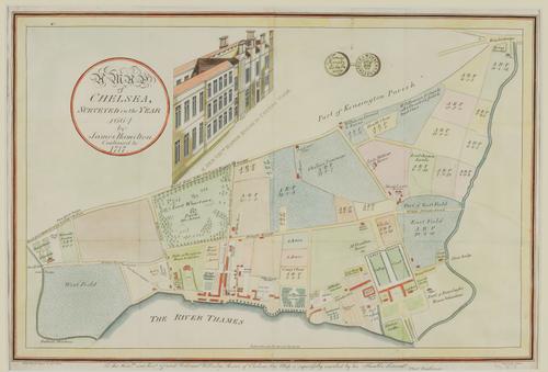 CHELSEA, LONDON - A Map of Chelsea, Surveyed in the Year 1664 by James Hamilton. Continued to 1717, [London], J. Barlow, 1810, hand-coloured engraved plan, 290 x 440mm., framed and glazed. Please see note below.