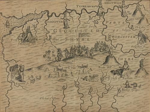 DRAYTON, Michael (1563-1631) & William HOLE (d.1624, engraver). Glocester Shyre ... Worcester Shyre. [London: c.1612]. Engraved map including Gloucestershire and Worcestershire, allegorical figures, 250 x 330mm., framed and glazed. With 3 other maps. (4)