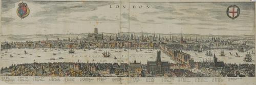 LONDON PANORAMAS - [Matthäus MERIAN (1593-1650), the Elder], attributed. London. [Frankfurt, c.1638]. Hand-coloured engraved panorama of London, 230 x 710mm., framed and glazed. With another smaller panorama of London. (2)