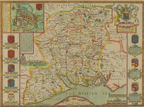 SPEED, John (1552-1629). Hantshire described and devided, [London, 1676], hand-coloured engraved map of Hampshire, inset bird's-eye-view of Winchester, 380 x 510mm., framed and glazed. A FINE COPY. With R. Morden's Hampshire (London, c.1695). (2)