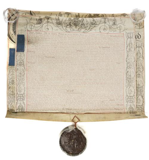 DOCUMENT ON VELLUM - Letters patent granting a baronetcy to Christopher Baynes of Harefield Place, Middlesex, on 2 sheets of vellum, with an engraved portrait of George III at the head of the first sheet, marginal decoration, wax seal, in shaped box.