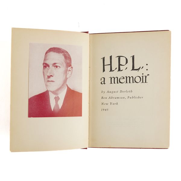 LOVECRAFT, H. P. (1890-1937) - August DERLETH (1909-71). H. P. L.: a memoir, New York, 1945, original red cloth gilt. FIRST EDITION, PRESENTATION COPY, inscribed, "For Gordon Dewey - a memory of H. P. L. Cordially, August Derleth."