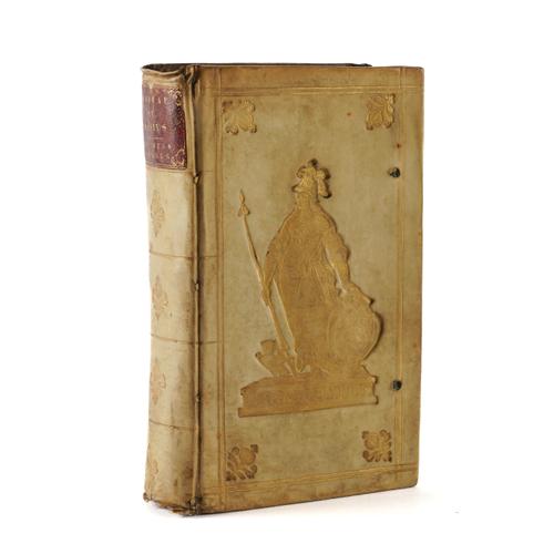 BINDING - JUVENAL (b.55 A.D.). Satyræ ... Editio nova, Amsterdam, 1684, large 8vo, additional engraved title, contemporary full vellum, the covers each with a large deeply-embossed gilt figure of Minerva with a shield bearing the device of The Hague.