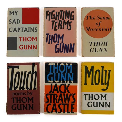 GUNN, Thom (1929-2004). My Sad Captains, London, 1961, 8vo, original cloth, dust-jacket. FIRST EDITION, 2nd impression, PRESENTATION COPY, inscribed, "Thom Gunn, with best wishes for Clive." With 5 other books by Thom Gunn, all SIGNED BY THE POET. (6)