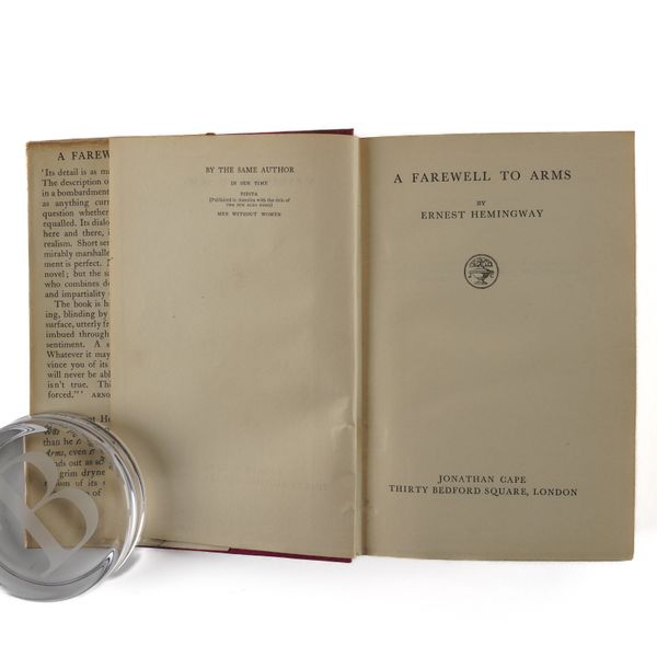 HEMINGWAY, Ernest (1899-1961). A Farewell to Arms, London, 1929, 8vo, original cloth, dust-jacket, FIRST U.K. EDITION. With the same author's The Old Man and the Sea (London, 1952, original cloth, dust-jacket, FIRST U.K. EDITION). (2)