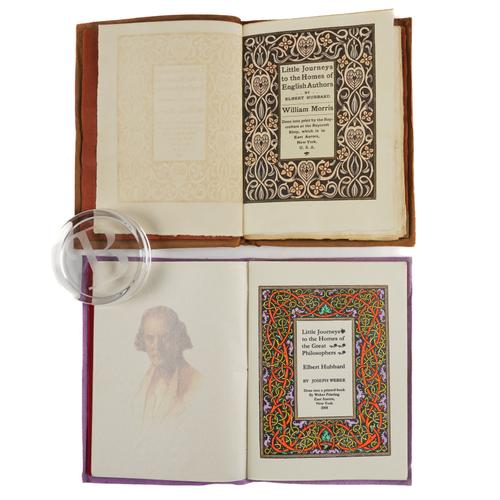 HUBBARD, Elbert (1856-1915). Little Journeys to the Homes of English Authors ... William Morris, New York, Roycrofters, 1900, 4to, coloured decorations, wrappers. FIRST EDITION. NUMBER 767 OF 925 COPIES SIGNED BY THE AUTHOR. With another related book. (2)
