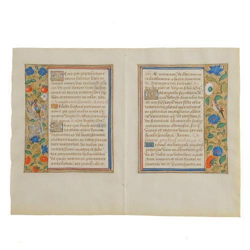 ILLUMINATED MANUSCRIPT - A fine illuminated manuscript on a single bifolium vellum leaf extracted from a prayer book, with exceptional decorative coloured borders heightened in gold, [?]mid- to late-15th-century, probably northern France, 210 x 285mm.