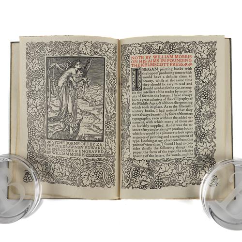 KELMSCOTT PRESS - William MORRIS (1834-96). A Note by William Morris on his Aims in Founding the Kelmscott Press, Hammersmith, 1898, 8vo, illustration by Edward Burne-Jones, ornaments, holland-backed boards. ONE OF 525 COPIES. AN EXCEPTIONALLY FINE COPY.