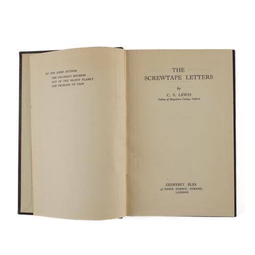 LEWIS, C. S. (1898-1963). The Screwtape Letters, London, 1942. 8vo, Half title, original black cloth (without the dust-jacket). FIRST EDITION. RARE.