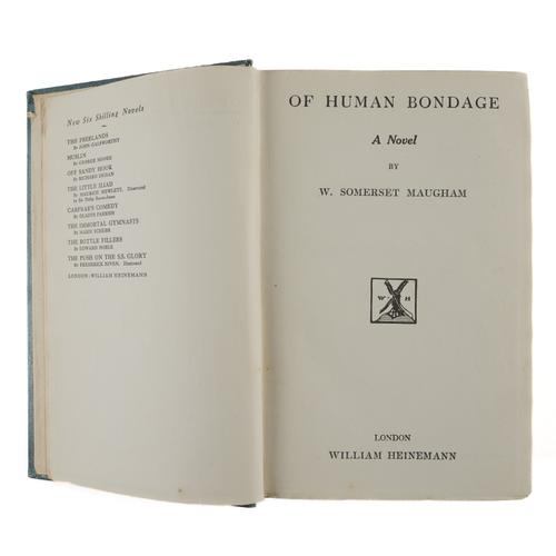 MAUGHAM, W. Somerset (1874-1965). Of Human Bondage, London, 1915, 2 half titles, original blue cloth gilt (lightly stained, without the exceptionally scarce dust-jacket). FIRST EDITION, FIRST ISSUE. RARE.