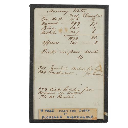 NIGHTINGALE, Florence (1820-1910). A single leaf, headed "Morning [?]Slate", [c.1853-56], listing the numbers in various hospitals, with "Deaths in past week, 14," "201 Invalids sailed for England", "244 Convalescents sailed for Krimea" [etc], 122 x 81mm.