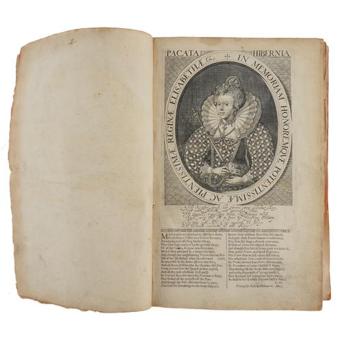 [STAFFORD, Thomas (?1576-1655)]. Pacata Hibernia. Ireland Appeased and Reduced, London, 1633, folio, engraved portrait of Elizabeth I, 16 engraved maps only (of 18, lacking the portrait of Carew), old calf spine (without the covers). FIRST EDITION.