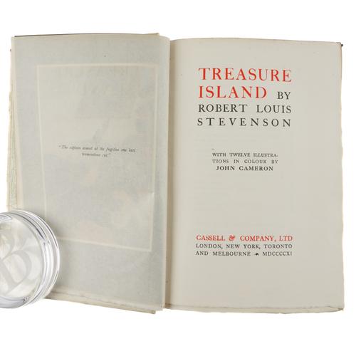 STEVENSON, Robert Louis (1850-94). Treasure Island, London, 1911, 4to, 12 mounted coloured plates by John Cameron, vignettes (final page lightly browned). FINELY BOUND in original full pictorial vellum gilt. NUMBER 61 OF 250 COPIES. A FINE COPY.