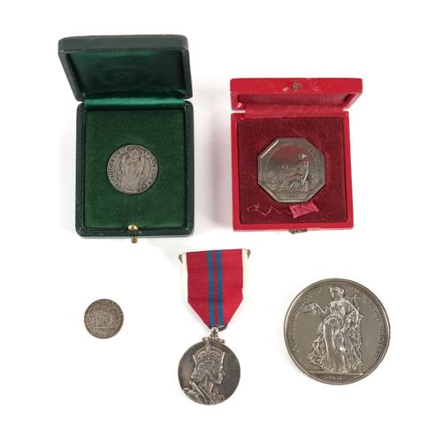AN ELIZABETH II 1953 CORONATION MEDAL AND FOUR MEDALLIONS (5)