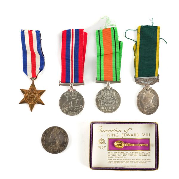 FOUR SECOND WORLD WAR AND LATER MEDALS. A VICTORIA JUBILEE HEAD CROWN 1887 AND FURTHER ITEMS (7)