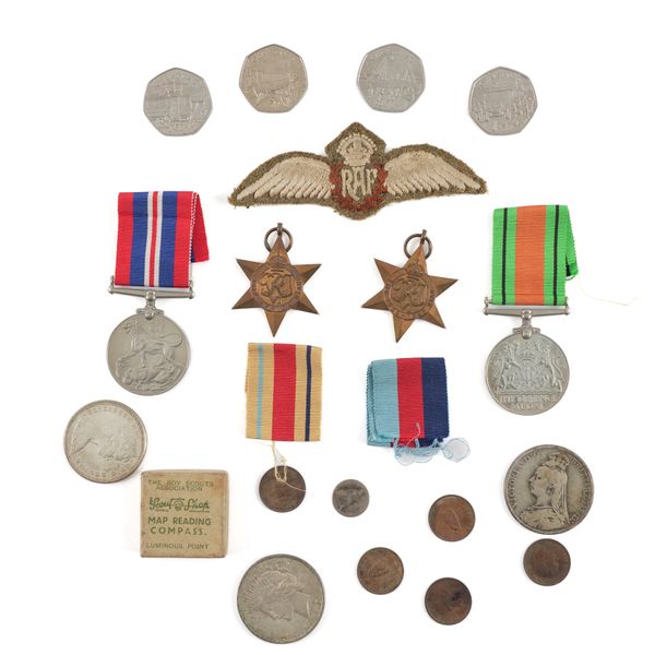 FOUR SECOND WORLD WAR MEDALS, A GROUP OF COINS AND TWO FURTHER ITEMS (QTY)
