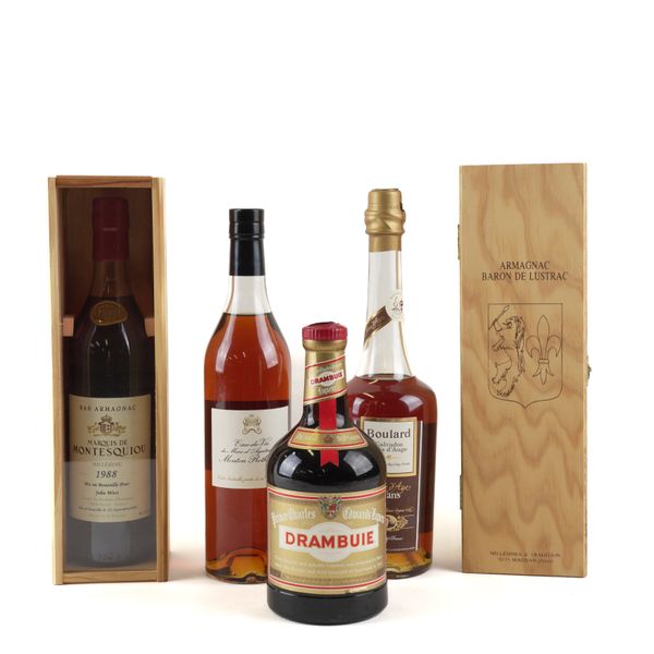 A BOTTLE OF BARON DE LUSTRAC ARMAGNAC 1964 AND FOUR OTHER BOTTLES (5)