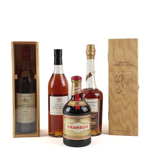 A BOTTLE OF BARON DE LUSTRAC ARMAGNAC 1964 AND FOUR OTHER BOTTLES (5)