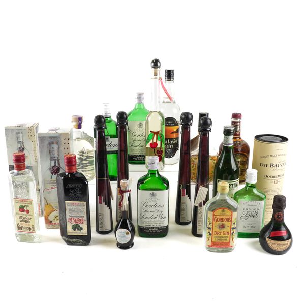 A SELECTION OF SPIRITS INCLUDING A BALVENIE WHISKY, GORDON’S GIN AND VARIOUS SCHNAPPS (21)
