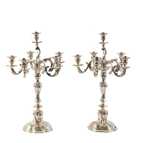 A PAIR OF GERMAN SILVER SIX LIGHT TABLE CANDELABRA (2)