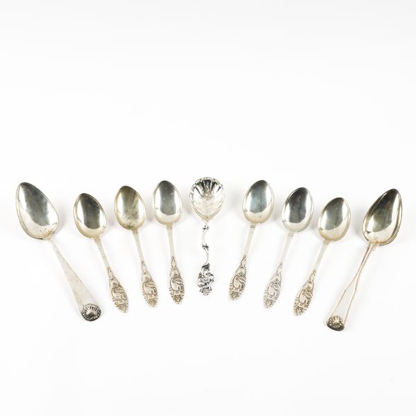 A SET OF SIX SCANDINAVIAN DESSERT SPOONS AND THREE FURTHER SPOONS (9)