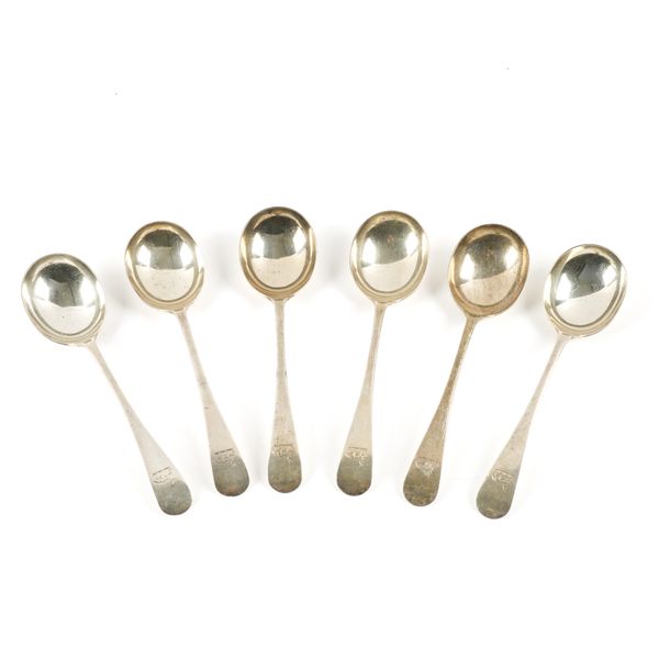 A SET OF SIX SILVER OLD ENGLISH PATTERN SOUP SPOONS (6)