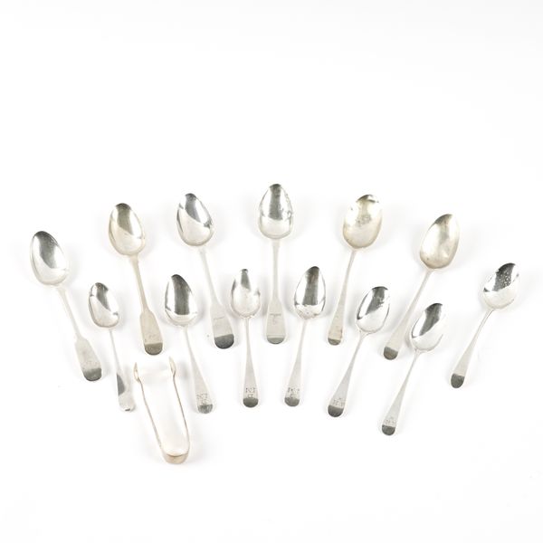 THIRTEEN SILVER TEAPSOONS AND A PAIR OF SILVER SUGAR TONGS (14)