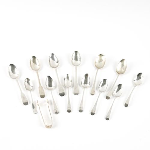THIRTEEN SILVER TEAPSOONS AND A PAIR OF SILVER SUGAR TONGS (14)