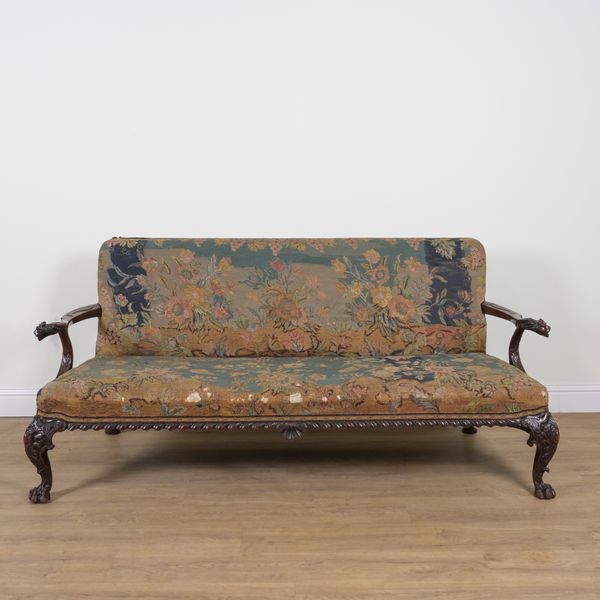 AN 18TH CENTURY AND LATER MAHOGANY FRAMED OPEN ARM SOFA